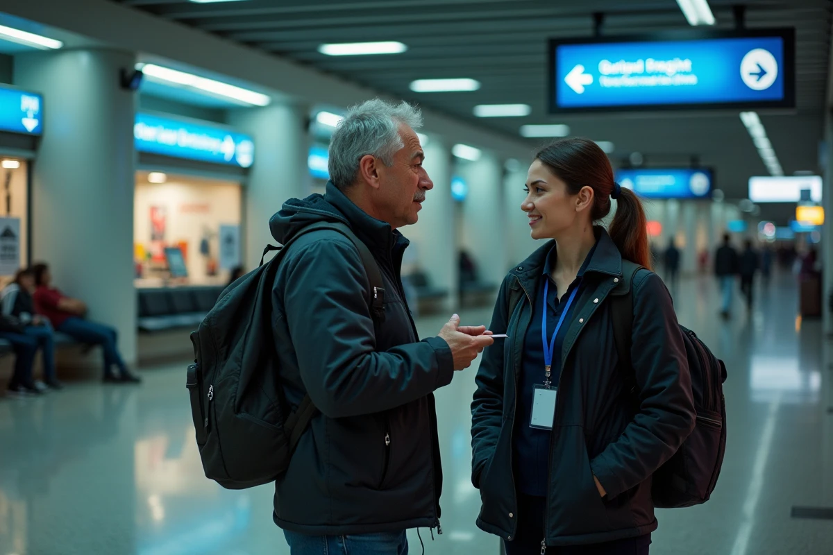 Voyageur demandant des informations à un agent d'accueil dans un aéroport de New York la nuit
