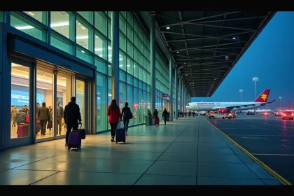 Terminal d'aéroport de New York de nuit avec voyageurs et véhicules devant l'entrée principale