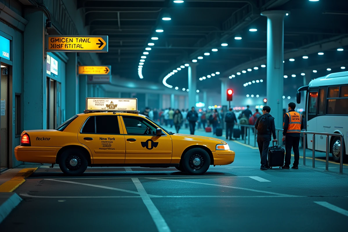 Zone de transport terrestre de nuit à l'aéroport de New York avec taxi et navette