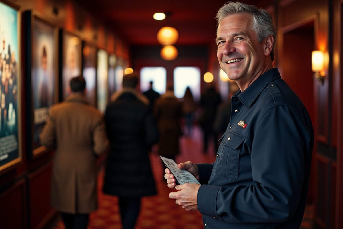 Homme d age moyen vérifiant des billets à l entrée du cinéma
