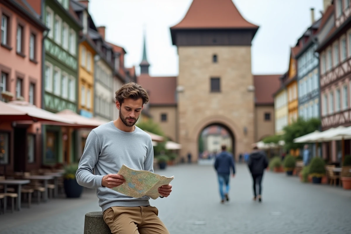 Jeune touriste consultant une carte devant l'Altpörtel, porte médiévale emblématique de Spire en Allemagne