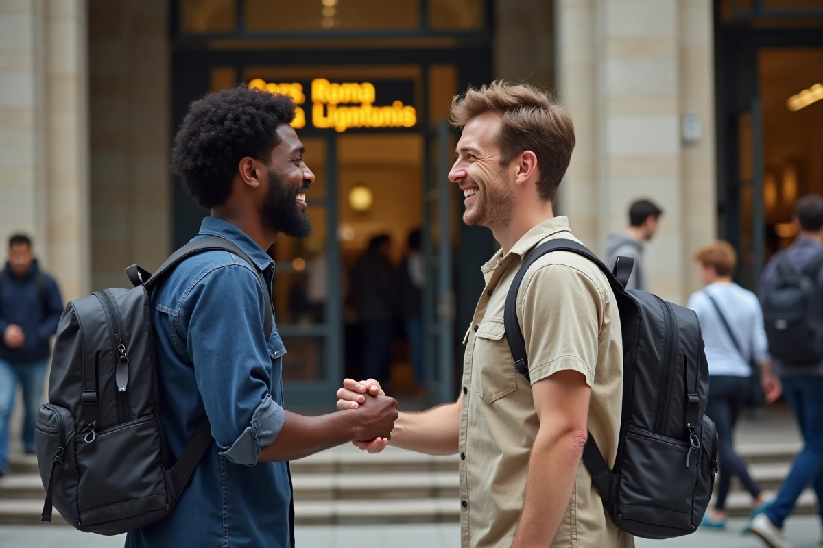 Deux amis se serrant la main pour se souhaiter de bonnes vacances devant une gare européenne avec des destinations en anglais, espagnol et italien