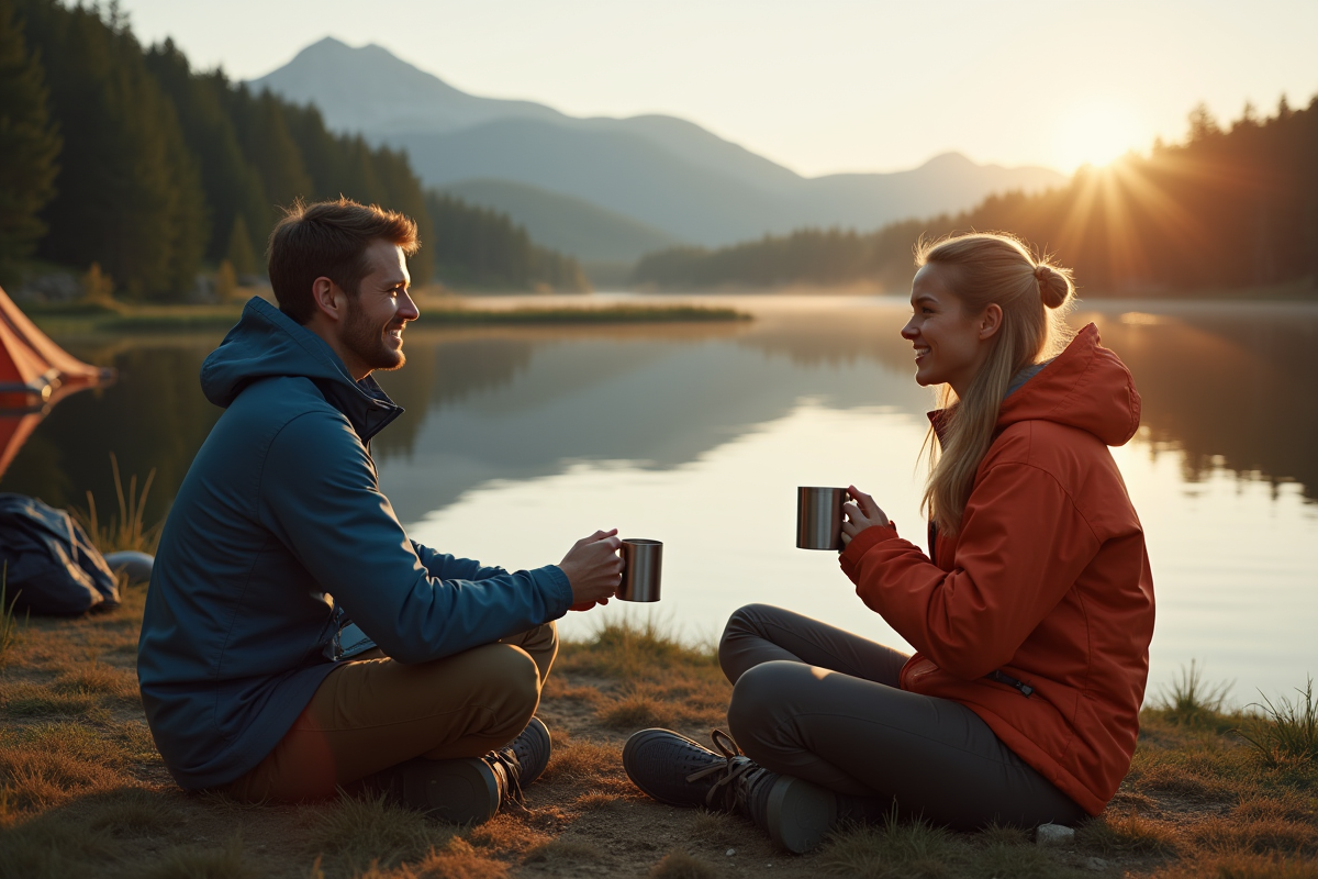 Amis buvant au lac au lever du soleil en camping