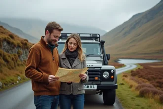 Deux amis regardant une carte dans les Highlands écossais