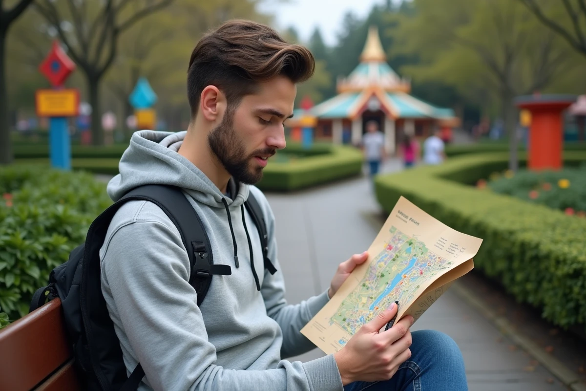 Jeune homme annotant un plan imprimé d'Eurodisney en PDF sur un banc avec un surligneur pour repérer les attractions principales