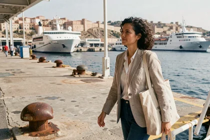 Femme arrivant au port de Tanger depuis un ferry en provenance d'Espagne