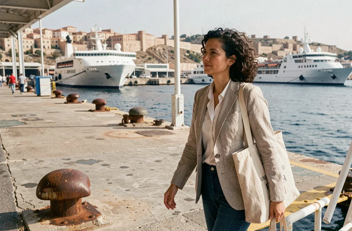 Femme arrivant au port de Tanger depuis un ferry en provenance d'Espagne