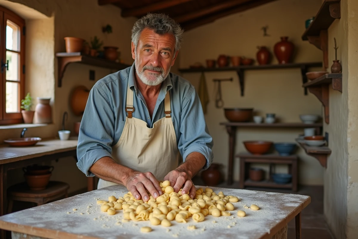Artisan local façonnant des orecchiette à la main dans une masseria traditionnelle de la campagne de Monopoli en Puglia