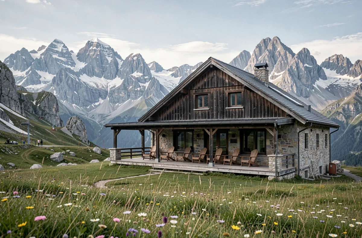 Lodge d'altitude en pierre et bois sombre avec terrasse panoramique face aux sommets enneigés des Pyrénées à La Pierre Saint-Martin, Atipic Lodge