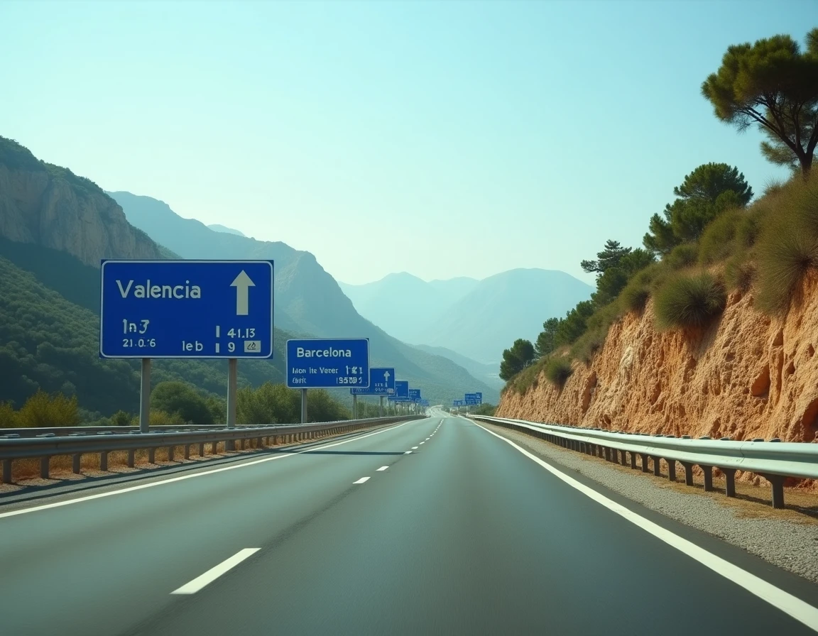 Autoroute à péage espagnole traversant un paysage côtier méditerranéen avec panneaux de signalisation vers Valencia et Barcelone