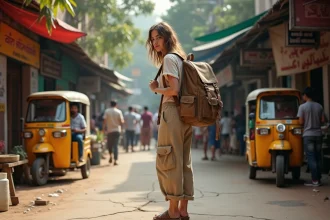 Jeune femme backpacker ajustant son sac à dos dans un marché animé de Siem Reap au Cambodge