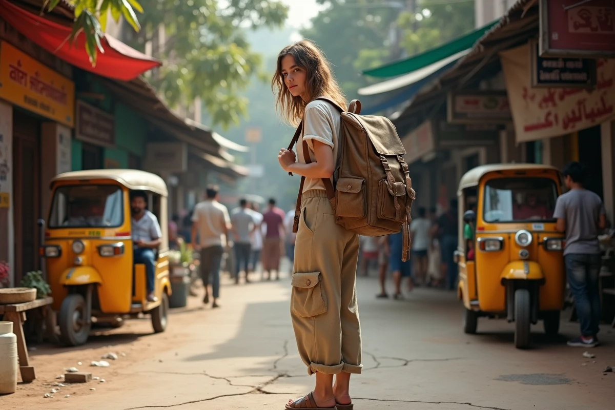 Jeune femme backpacker ajustant son sac à dos dans un marché animé de Siem Reap au Cambodge