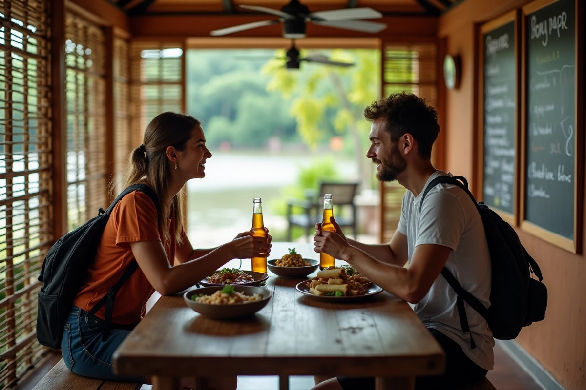 Deux backpackers partageant un repas local dans un guesthouse en bord de rivière à Kampot au Cambodge