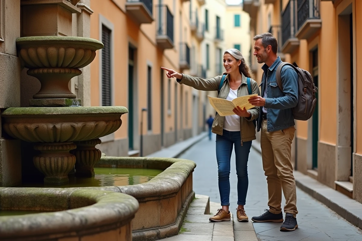 Couple en balade à pied consultant une carte près d'une fontaine baroque à Aix-en-Provence