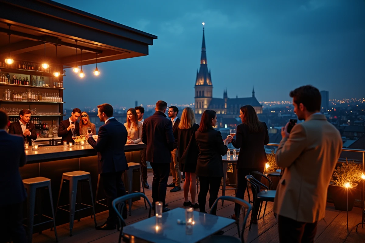 Bar rooftop tendance pour le Nouvel An à Strasbourg avec vue panoramique sur la cathédrale et cocktails