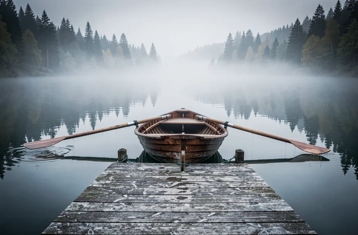 Barque en bois amarrée sur le lac Oeschinensee dans la brume matinale, paysage alpin désert et calme en Suisse