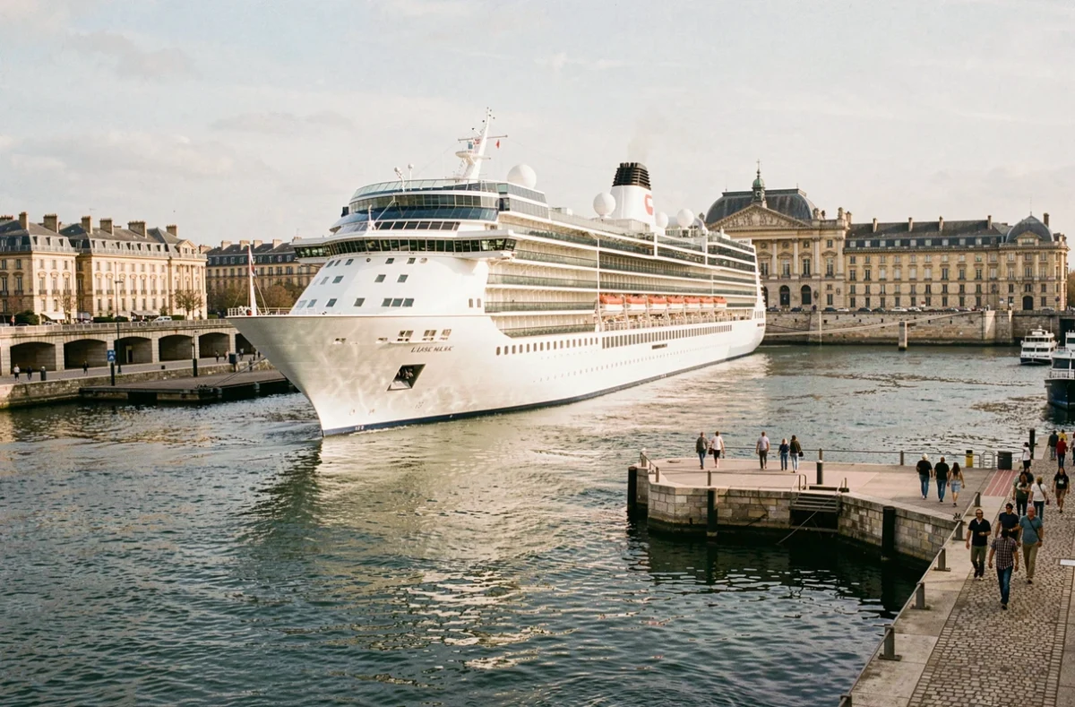 Bateau de croisière amarré sur les quais de la Garonne à Bordeaux avec la Place de la Bourse en arrière-plan