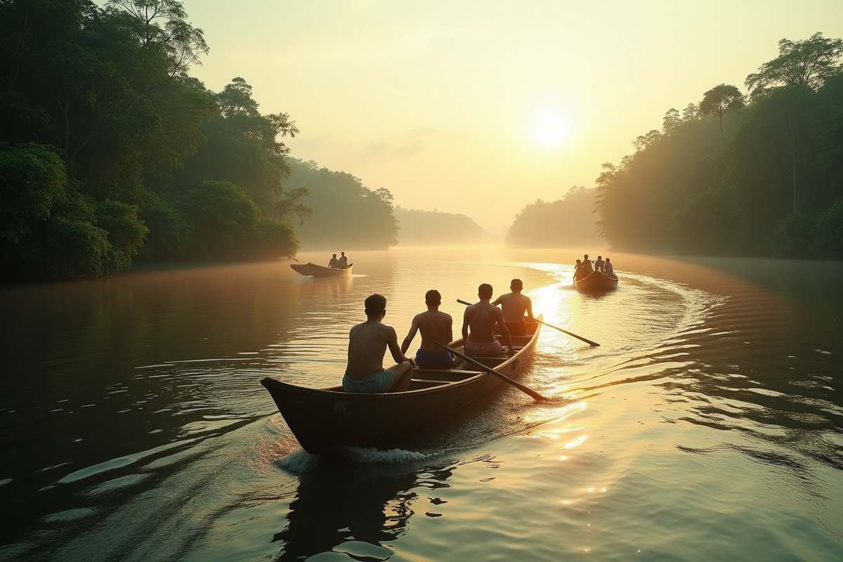 Petin bateau en bois traversant l Amazon avec jungle environnante