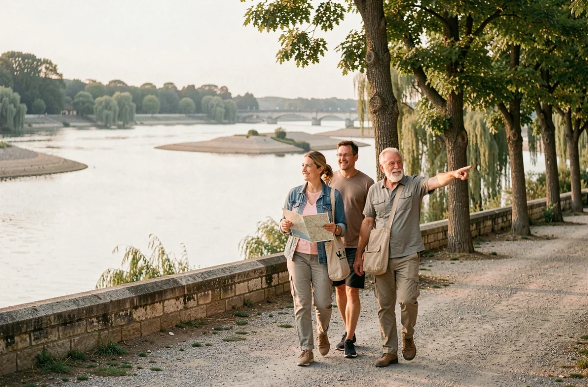 Couple se promenant sur les bords de la Loire à Tours avec vue sur un pont historique en pierre et les îlots sableux du fleuve