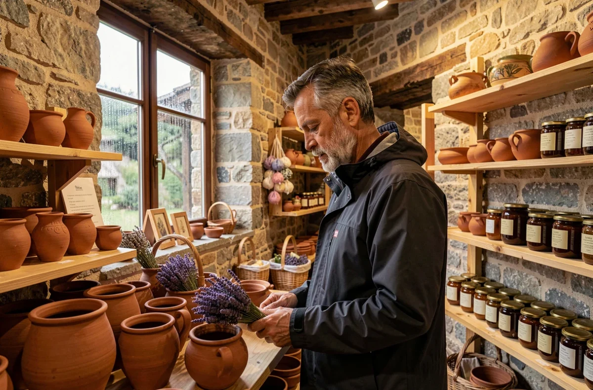 Homme explorant une boutique artisanale ardéchoise sous la pluie, produits locaux et poteries en grès exposés