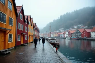 Les maisons en bois colorées du quartier historique de Bryggen à Bergen en Norvège, bordant le quai pavé au bord du port