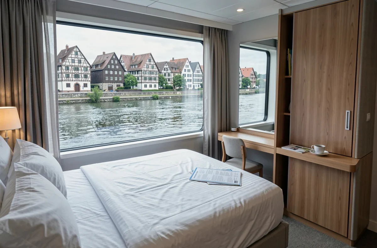 Cabine de croisière fluviale moderne avec vue panoramique sur le Rhin et village alsacien