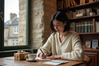 Femme préparant un cadeau de séjour insolite dans un appartement parisien avec enveloppe kraft et note manuscrite