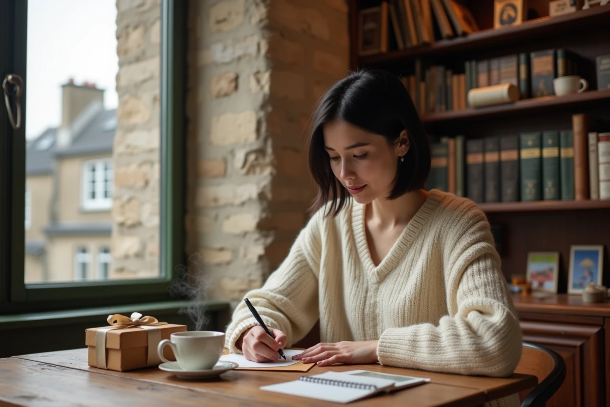 Femme préparant un cadeau de séjour insolite dans un appartement parisien avec enveloppe kraft et note manuscrite