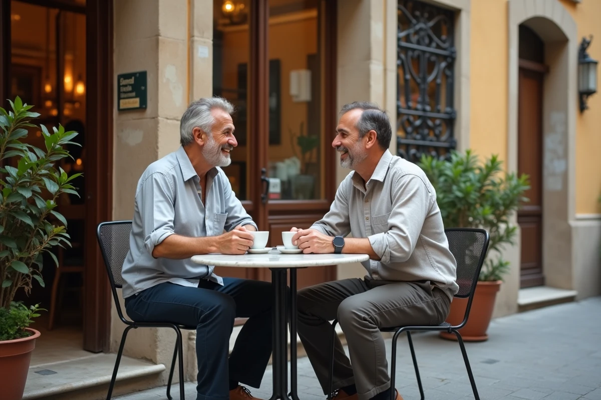 Deux hommes locaux savourant un espresso en terrasse dans une ruelle du centre historique de Palerme