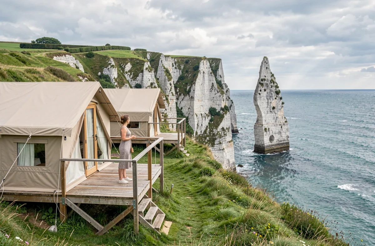 Camping L'Aiguille Creuse à Étretat avec lodges en toile sur les falaises et vue sur l'aiguille creuse en mer