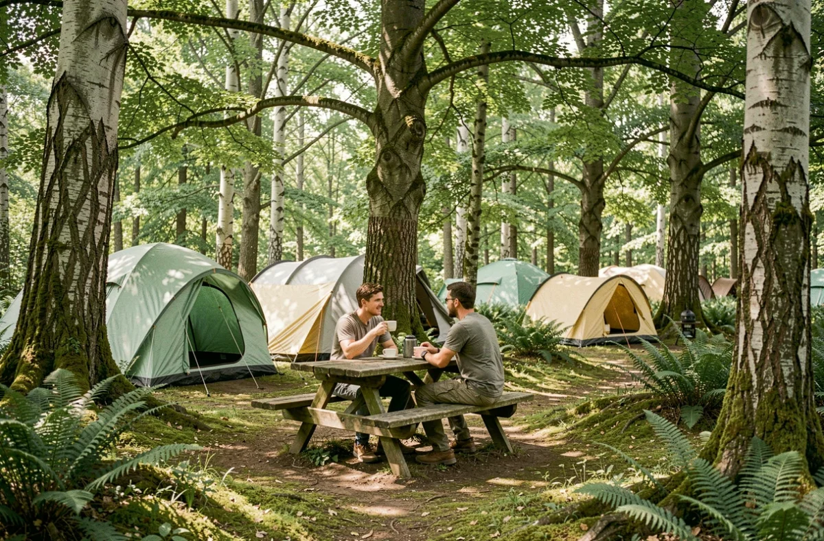 Camping de la Forêt à Jumièges avec tentes sous les arbres et ambiance forestière verdoyante en Normandie