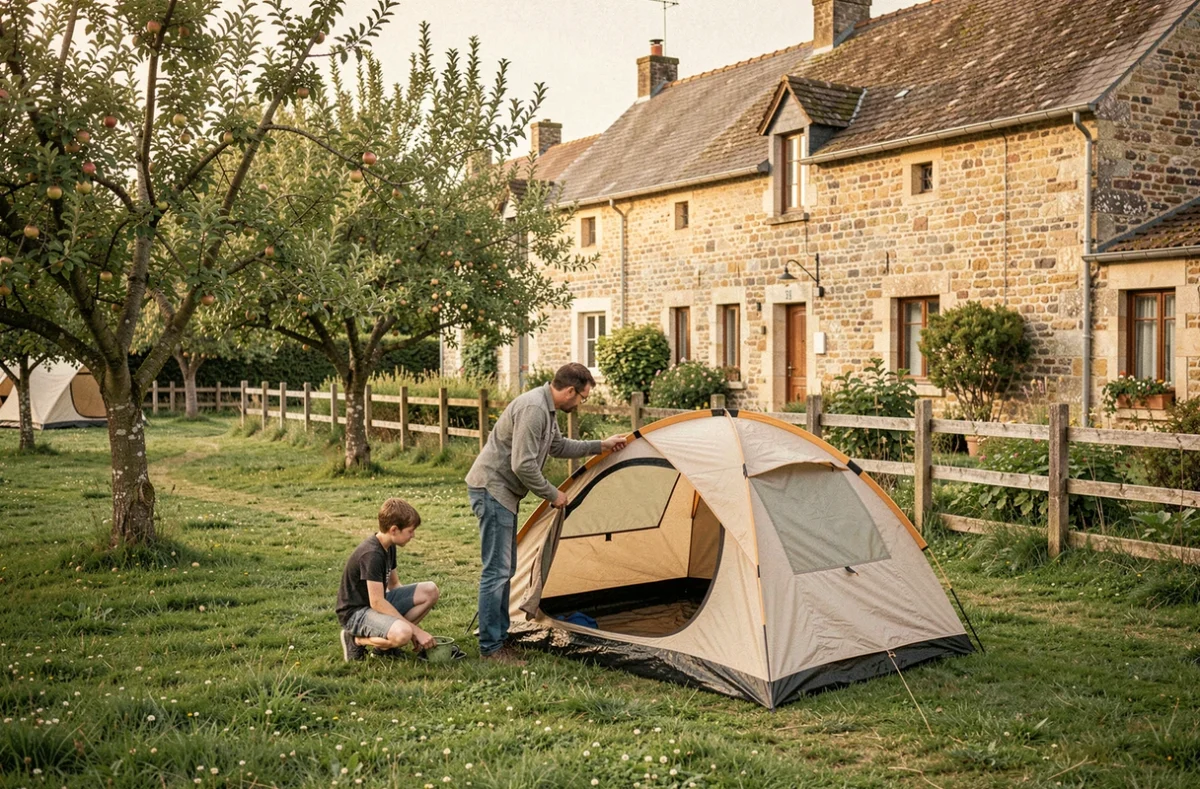 Camping Le Colombier à Moyaux avec bâtiments en pierre normande, verger de pommiers et camping familial à la campagne