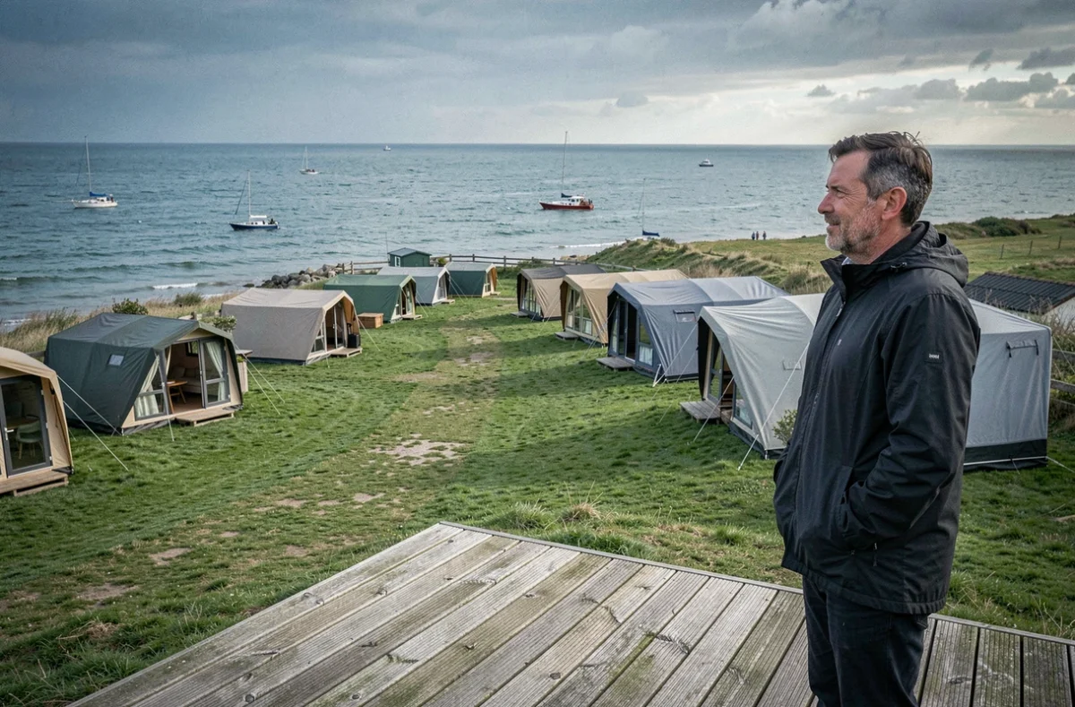 Camping Le Grand Large à Fécamp avec tentes sur les hauteurs et vue panoramique sur la Manche et les bateaux de pêche
