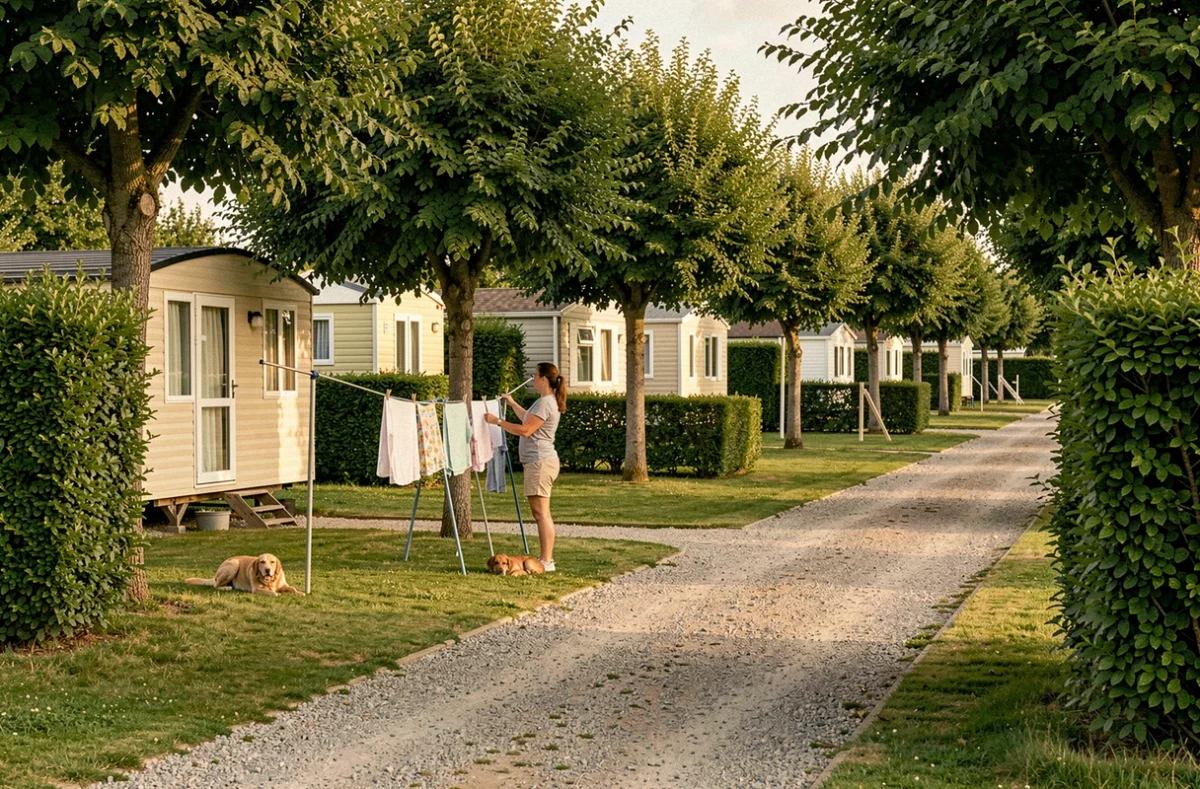 Camping Le Marqueval à Pourville-sur-Mer avec mobil-homes, haies verdoyantes et atmosphère calme de camping familial