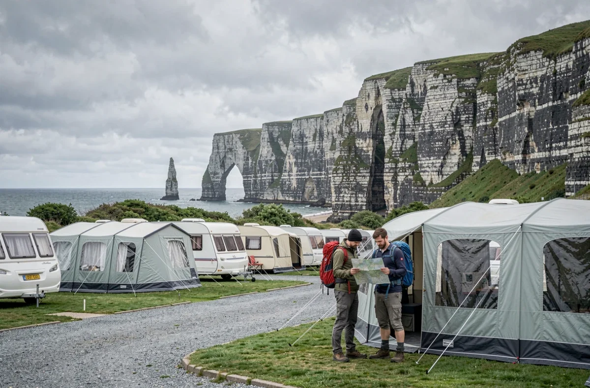 Camping Municipal d'Étretat avec tentes en premier plan et les célèbres falaises normandes visibles en arrière-plan
