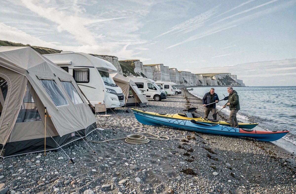 Camping de la Plage à Criel-sur-Mer avec tentes et camping-cars face aux galets et aux falaises d'albâtre