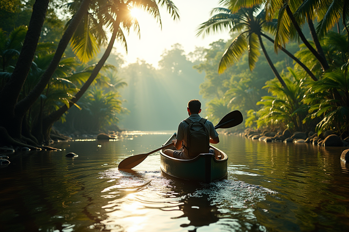 Canot dans la rivière amazonienne avec guide et faune