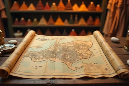Carte ancienne de la vieille ville de Dubaï dépliée sur une table en bois dans un souk traditionnel