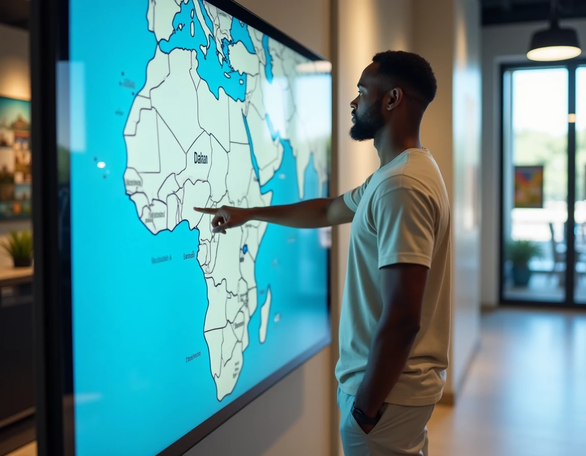 Homme consultant une carte interactive du Sénégal dans une agence de voyages moderne