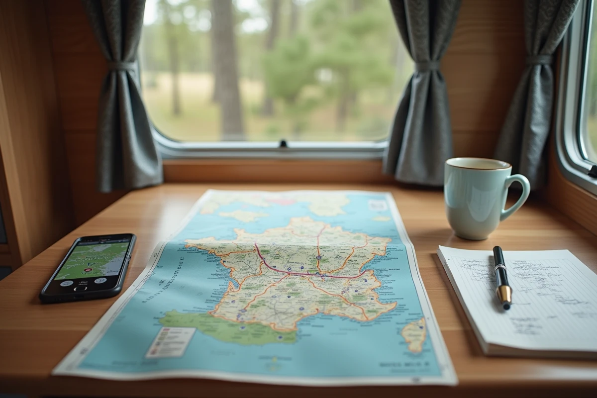 Carte routière Michelin et smartphone avec itinéraire camping-car posés sur une table intérieure