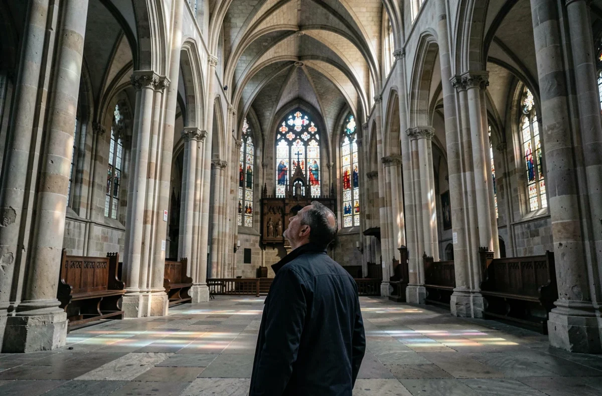 Intérieur de la cathédrale Saint-Gatien de Tours avec voûtes gothiques, vitraux colorés et visiteur contemplant la nef centrale