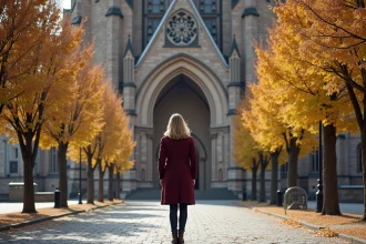 Femme admirant la façade romane de la cathédrale de Spire en automne, architecture historique allemande