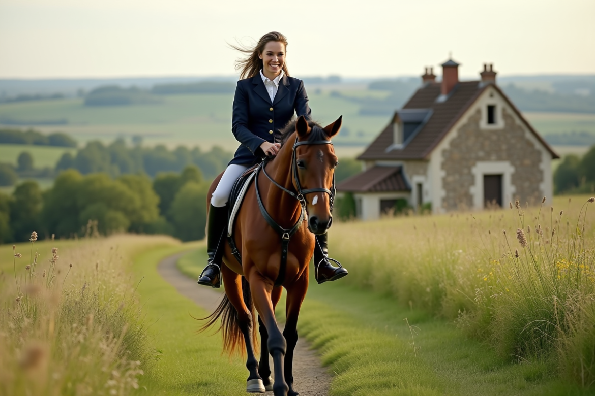 Femme à cheval dans la campagne française en jeans et bottes noires