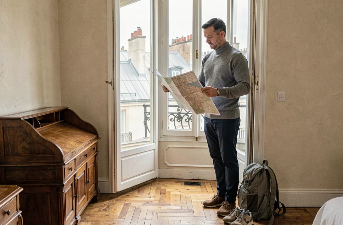 Voyageur consultant une carte de Paris depuis la fenêtre de sa chambre d'hôtel avec vue sur les toits