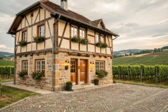 Façade typique d'une chambre d'hôtes de charme dans le Grand Est, avec colombages alsaciens et jardin fleuri