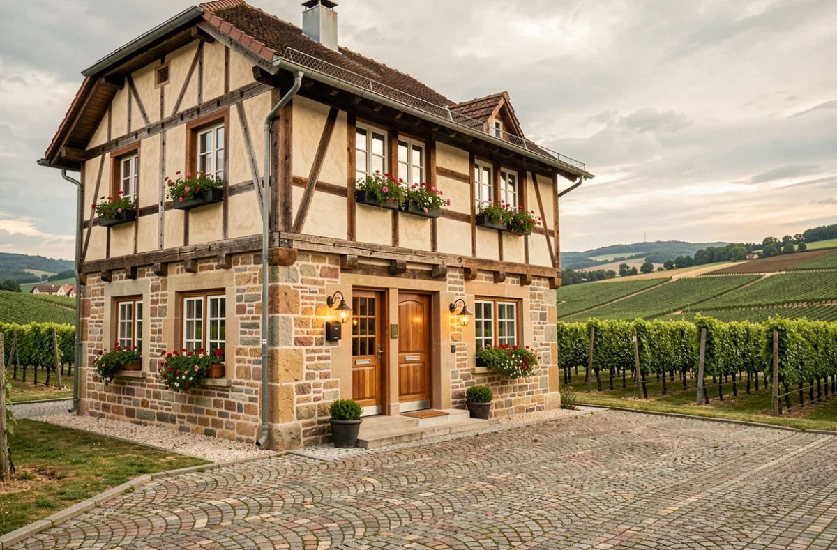 Façade typique d'une chambre d'hôtes de charme dans le Grand Est, avec colombages alsaciens et jardin fleuri