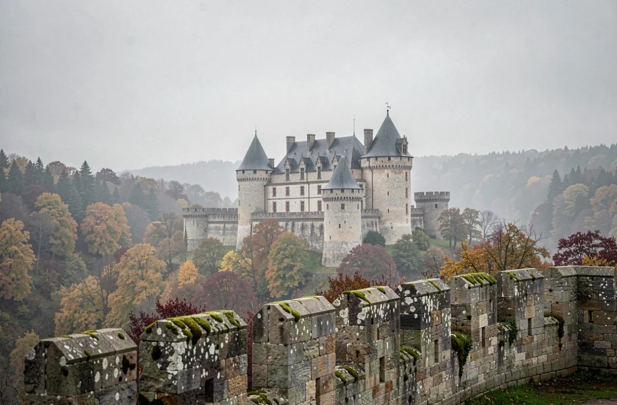 Château fort médiéval français dominant une vallée brumeuse entourée de forêts aux couleurs d'automne