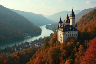 Château médiéval allemand sur une colline boisée en automne dans la vallée du Rhin