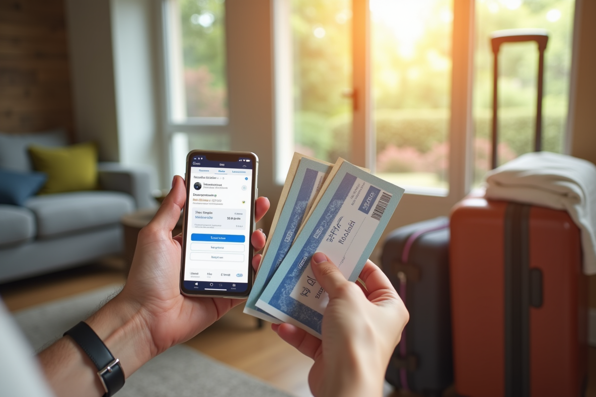 Mains tenant chèques vacances et smartphone avec confirmation Booking