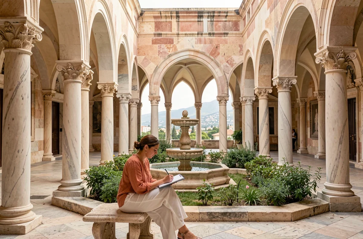 Cloître calme de la cathédrale de Monreale avec ses colonnes sculptées et une visiteuse dessinant dans un carnet, sans touristes